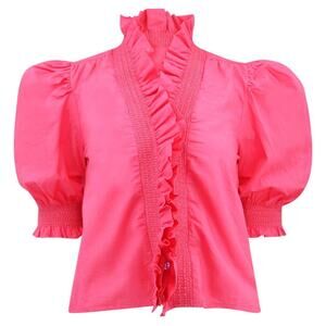 NWT Love the Label Zuri Puff Sleeve Ruffle Front Top in Pink Carnation Size XS